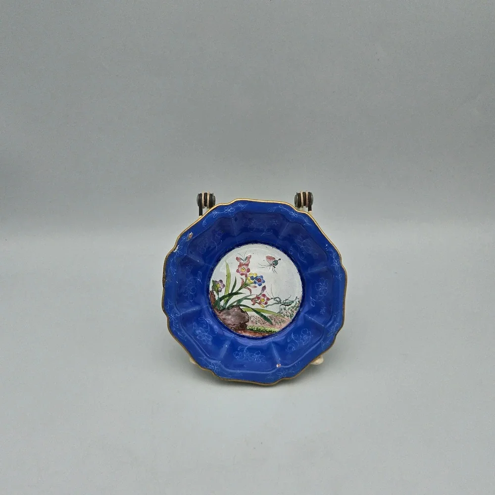 Vintage Chinese Canton Enamel Butterfly Mantis Floral Trinket Bowl Hand Painted